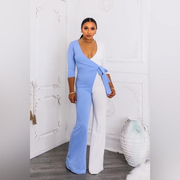 Pants - Elegant Blue and White Jumpsuit